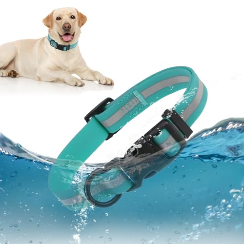 Soft Silicone IP68 Waterproof Dog Collar for Medium Dogs Boy Girl, Easy Clean Odor Proof Rubber Dog Collars No-Pull Quick Release Safety Buckle, Comfortable Adjustable Reflective Pet Collar,M - color: Aqua Blue, size: Medium(12" - 19")