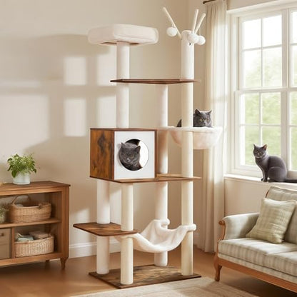 Hey-brother Wooden Cat Tree, 66.1“ Cat Furniture with Scratching Posts, Modern Cat Tower with hammocks, Toys, cat condo, Rustic Brown MPJ120SR - color: Rustic Brown
