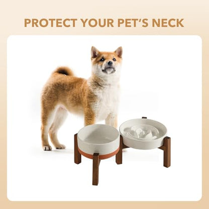 Havniva 1.2 Cup Elevated Slow Feeder Dog Bowls, 7.3” Dog Slow Feeding Bowls + 6.1” Ceramic Dog Water Bowls Set with Acacia Wood Stand, Dog Food Bowls Puzzle Feeder for Small Dogs Non-Slip Anti-choking - color: 2 x Vanilla White + Stand - A, size: M- 7.3in