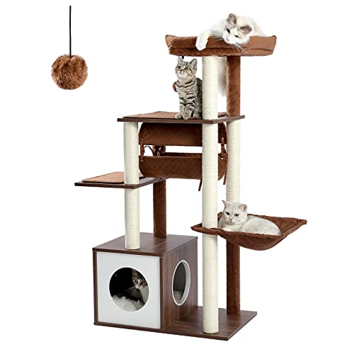 PEQULTI 51.4 Inches Modern Cat Tree Premium 6 Levels Wooden Cat Tower with Fully Sisal Covered Scratching Posts, Cozy Condo, Spacious Perch, Super Large Hammock and Swing Tunnel for Indoor Cats Brown - color: Brown, size: 52''