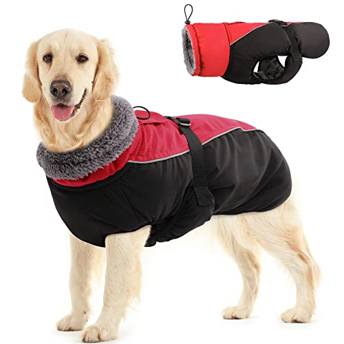 IDOMIK Dog Winter Coat, Reflective Waterproof Dog Jacket for Cold Weather, Warm Pet Coats for Small Medium Large Dogs, High Collar Doggy Fleece Snow Jacket, Winter Vest with Adjustable Buckle,L - color: Red, size: Large