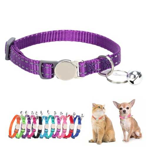 Reflective Cat Collar with Bell, Safety Soft Nylon Breakaway Kitten Collar with Bells, Tiny Puppy Collars for Xs Small Dogs, Neck 7-11 Inch Dark Purple - color: Dark Purple