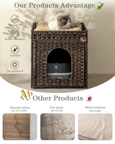 SETVSON Cat Litter Box Enclosure Furniture, Hidden Litter Box with Mat and Fence, Handwoven Rattan Cat House with Two S-Shaped Hooks for Living Room, Bedroom, 18.5 x 20.5 x 19.1 Inches (Brown) - color: Brown, size: Standard