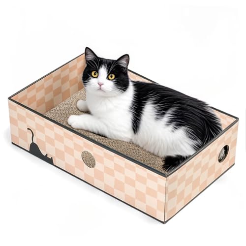 Conlun Cat Scratcher Box with 3-Layer Corrugated Board, Heavy-Duty Double-Sided Cardboard Cat Bed, Interactive Hole Design, Checkered, Large - color: Chessboard, size: L-1 Pack