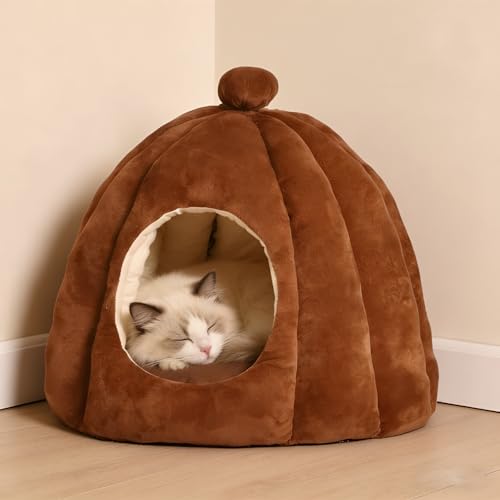 Cat Bed for Indoor Cats - Adorable Cozy Cat Cave with Removable Cushion, Super Soft Pet House Tent for Kittens & Small Pets, Warm & Washable Non-Slip Design(M 17.7 inch Brown) - style: Brown