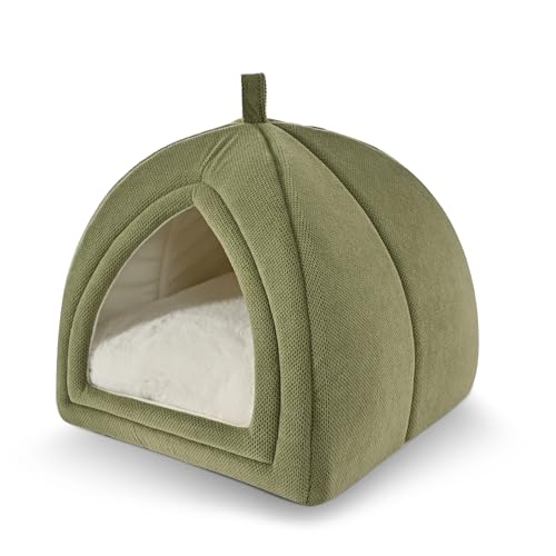 Amazon Basics Cat Cave Bed, 2-in-1 Foldable House for Indoor Cats, with Washable Cushion and Non-Slip Base, 17.5 x 17.5 Inches, Large, Green - color: Green, size: L-17.5"×17.5"×17.5"