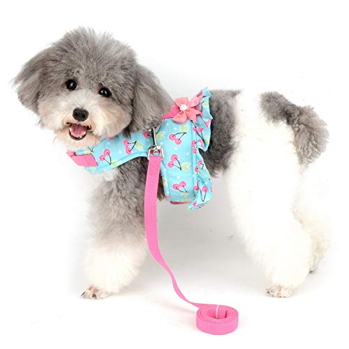 Zunea No Pull Small Dog Girl Harness Dress Escape Proof Cat Kitten Vest Harness Leash Set Step-in Soft Cotton Padded Cherry Printed Jacket Chihuahua Puppy Clothes with Bow for Walking Blue XS - color: blue cherry, size: XS (Chest:12.2-13.7", Neck:8.2-9.4"