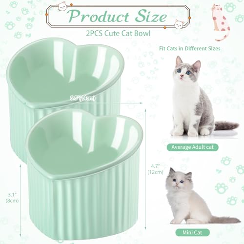 Mumufy 2 Pcs Ceramic Elevated Cat Bowls Tilted Elevated Raised Pet Bowls Anti Vomit Cat Dish for Indoor Stress Free Water Dish Feeder for Puppies, Heart Shaped(Grass Green) - color: Grass Green