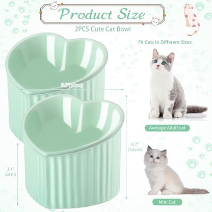 Mumufy 2 Pcs Ceramic Elevated Cat Bowls Tilted Elevated Raised Pet Bowls Anti Vomit Cat Dish for Indoor Stress Free Water Dish Feeder for Puppies, Heart Shaped(Grass Green) - color: Grass Green