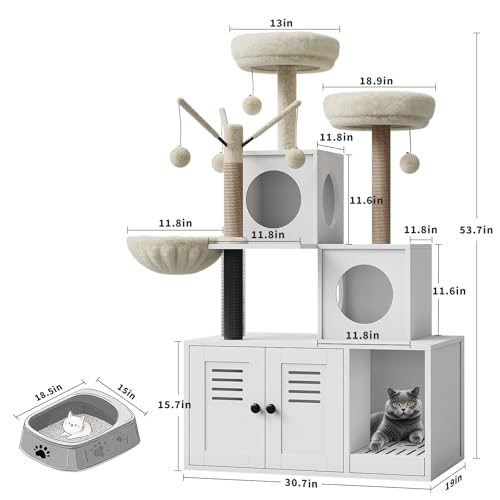 Garvee 53.7-Inch Litter Box Enclosure with Cat Tree, 2-in-1 Modern Large Cat Tower for Indoor Cats with Condo/Hammock/Scratching Post/Plush Perch/Caves, Wooden Hidden Litter Box Furniture, White