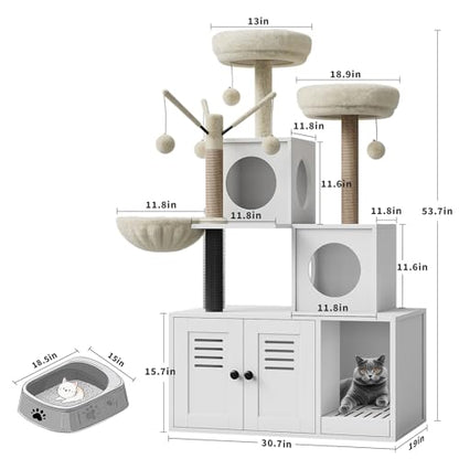 Garvee 53.7-Inch Litter Box Enclosure with Cat Tree, 2-in-1 Modern Large Cat Tower for Indoor Cats with Condo/Hammock/Scratching Post/Plush Perch/Caves, Wooden Hidden Litter Box Furniture, White