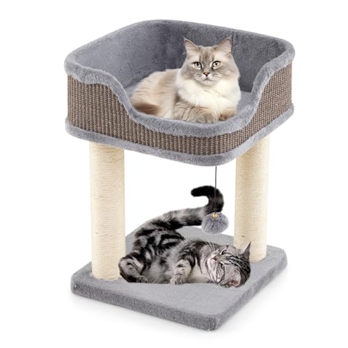 PETSITE 20 inch Small Cat Tree, Modern Cat Tree with Top Soft Upholstered Bed, Sisal Scratching Posts & Mats, and Interactive Dangling Ball, Ideal for Small Indoor Cats and Kittens