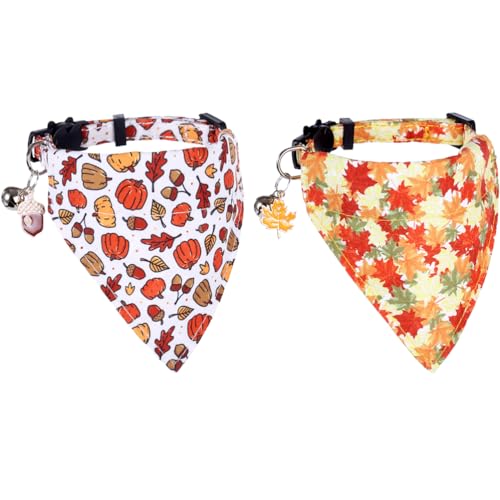 Thanksgiving Day Cat Collar Fall Breakaway with Bandana and Bell Autumn Holiday for Kitty Adjustable Safety - color: Maple leaf-bandana