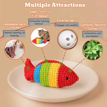 Catnip Fish Toy - Hand-Crocheted with Real Catnip & Bell, Interactive Kicker Toy for Cats Kitten, Soft & Safe for Biting - color: Colorful fish