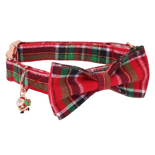 ADOGGYGO Christmas Dog Collars with Bow, Detachable Plaid Bowtie with Charm, Metal Buckle, Adjustable Red Green Plaid Christmas Collars for Small Dogs Boy Girl (Small) - color: Christmas, size: Small