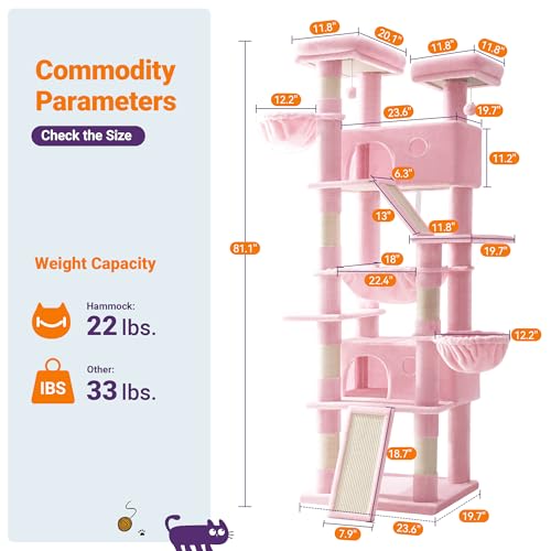 Allewie 81 Inches Tall Cat Tree/Multi-Level Large Climbing Tree House and Towers for Big Feline/Condo and Hammock/Scratching Post/Wide Base/Pink - color: Pink