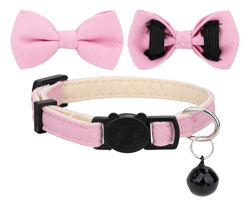 Cat Collar with Bow Tie Bell Breakaway Bowtie 2pcs Set Spring Plaid Flower Floral Solid Boy Girl Cute Kitten Safety B [Plaid & Solid] Pink - color: B [Plaid & Solid] Pink