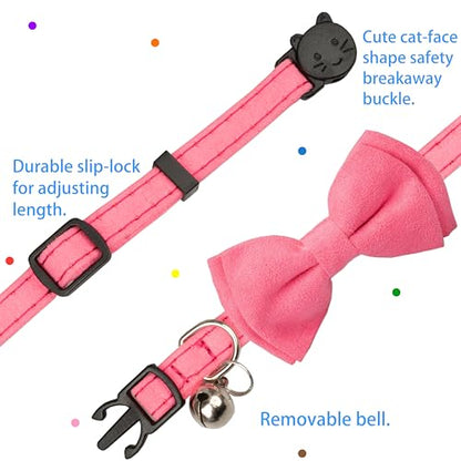 Cat Collar with Bow Tie Bell Breakaway Kitten Small Pet Safety Solid Wedding Basic Pure Color Suede Soft Adjustable [1pc] Rose Red - color: [1pc] Rose Red