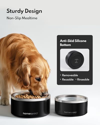 Homerunpet Double Wall Stainless Steel Dog Bowls, Non-Slip Base, Dishwasher Safe, Durable Pet Food & Water Bowl for Dogs & Cats(32oz, Black) - color: Black