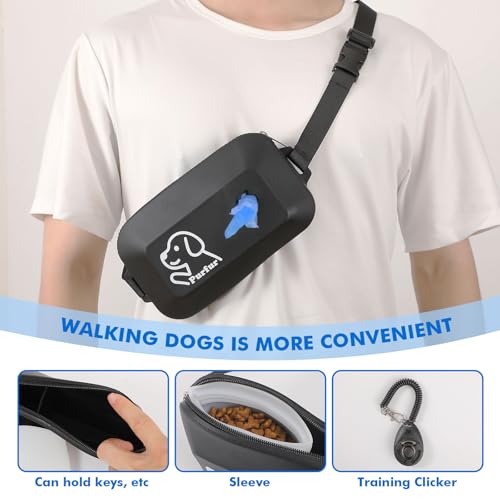 Dog Treat Pouch with Clicker & Poop Bag Holder – Waterproof Silicone, Adjustable Waist Belt for Training & Walking – Puppy Treat Pouch for Pet Training (Black)