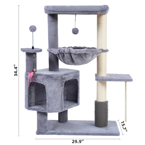 Cat Tree with Cat Condo and Hammock for Indoor Cats, Cat Tree with Self-Grooming Brush and Toy Balls,Cat Tower with Scratching Posts,Grey