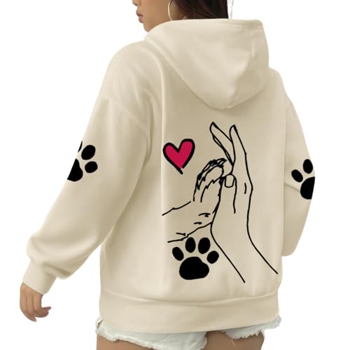 Dog Paw Print Heart Sweatshirt for Women Pet Sweatshirts for Dog Lovers Cute Graphic Cotton Hoodies Pullover Tops - color: Apricot, size: XX-Large