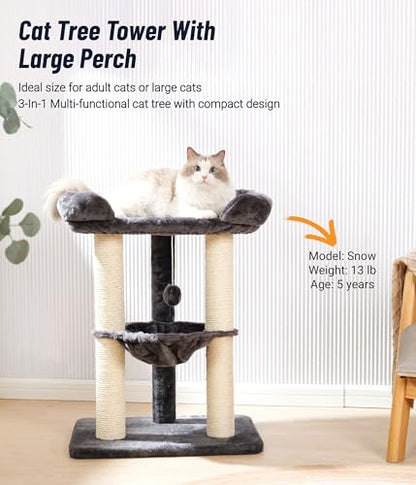 Happi N Pets 28" Cat Tree, Large Bed for Big Cats, Small Cat Tower with Soft Perch for Window Viewing, Stable Cat Tree Tower, Cat Scratching Post with Hammock, Removable Cover-Gray - color: Gray