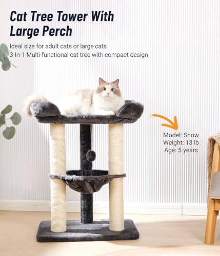 Happi N Pets 28" Cat Tree, Large Bed for Big Cats, Small Cat Tower with Soft Perch for Window Viewing, Stable Cat Tree Tower, Cat Scratching Post with Hammock, Removable Cover-Gray - color: Gray