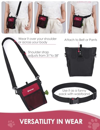 Gobeigo Dog Treat Pouch, Magnetic Closure & Sealable Silicone Bag Insert, 4-Cup Capacity – Belt Clip/Waist Belt/Crossbody Wear, Clicker Included – Great for Pet Training & Walking (Red) - color: Red