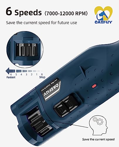 Casfuy Dog Nail Grinder Quiet - (45db) 6-Speed Pet Nail Grinder with 2 LED Lights for Large Medium Small Puppy Dogs/Cats, Professional 3 Ports Rechargeable Electric Dog Nail Trimmer with Dust Cap - color: Blue
