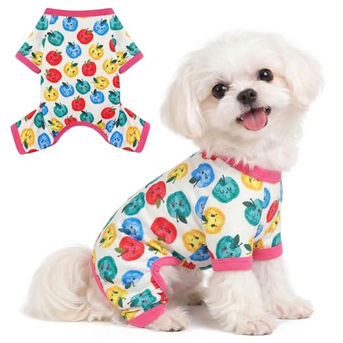 Dog Pajamas for Small Dogs - Soft Cotton 4-Leg Puppy PJs, Stretchable Breathable Pet Onesie Jumpsuit Sleepwear for Yorkie, Chihuahua, Toy Poodle & Tiny Breeds (Colorful Apples,M) - color: Colorful Apples, size: Medium (Chest 15in)