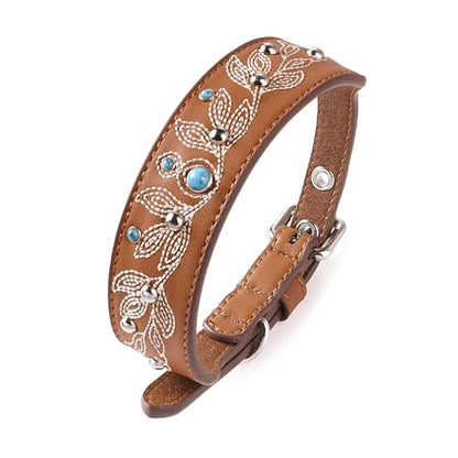 Blueberry Pet Western Dog Collar in Canyon Brown - 12-15 Inch Necks Floral-Embroidered Leather with Turquoise Studs, Adjustable - color: Canyon Brown, size: Small