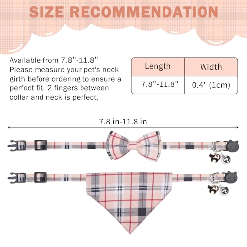 SCENEREAL Plaid Cat Collar with Bow Bandana - 2 Pack Breakaway Kitten Collar with Removable Bowtie Bell, Adjustable Cute Cat Collar for Cats Kittens, Beige - color: Bandanas & Bow (Plaid - Beige)