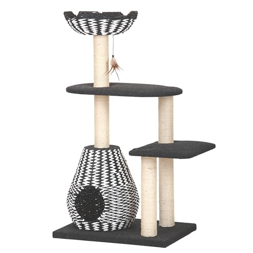 PetPals Ace 4-Level Multi-Activity Cat Tree with Handwoven Recycled Paper Rope Condo and Top Nest Bed, Replaceable Sisal Scratching Posts, Feather Teaser Toy, Black & White - color: Black and white