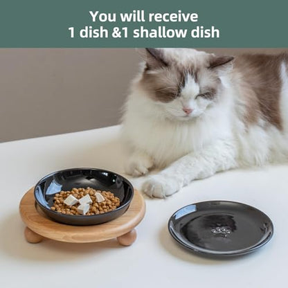 Havniva Cat Bowls Elevated 5.6” Ceramic Cat Bowl with Stand Whisker Friendly Cat Dishes, Cat Food & Water Bowl Set with Two Heights Options, Raised Cat Food Plates for Kitten Anti-Slip Pet Bowls - color: 1 Bowl+1 Shallow Dish+Stand- Black