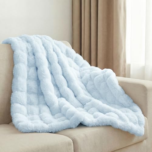 Leximan Cozy Faux Fur Throw Blanket for Couch, Reversible Plush Fluffy Decorative Bubble Throw for Sofa and Living Room, Soft Lap Blanket for Bed, Dog & Cat (Light Blue, 40''x50'') - color: Light Blue, size: 40''x50''