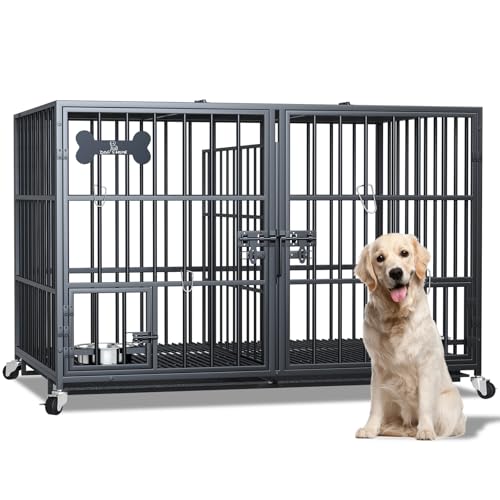 Dosker 42 inch Heavy Duty Metal Dog Crate with Divider for 2 Dogs/Large Dog, All Metal Open Top Escape Proof Cage, Indoor Dog Kennel with Wheels, Floor Grid, Tray, Feeding Bowl - color: Black, size: 42.1"L x 28.7"W x 27.0"H