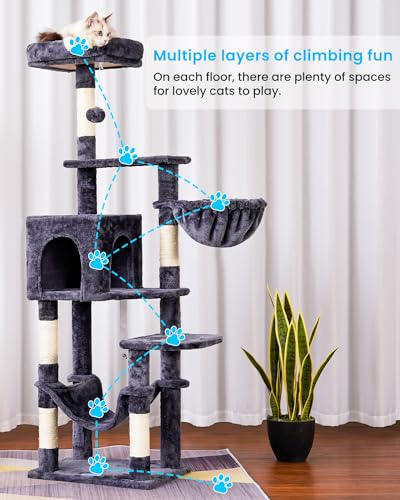 Hey-brother Cat Tree with Large Hammock, Multi-Level Cat Tower for Indoor Cats, Cat Condo with Sisal-Covered Scratching Posts and Top Perch, Smoky Gray MPJ050G - color: Smoky Gray