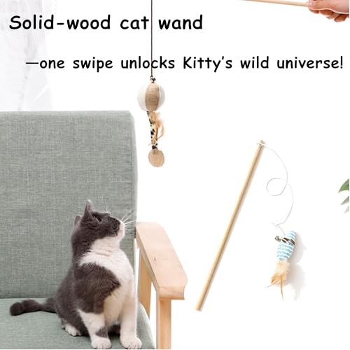 Cat Toy Wand 4-Pack – Interactive Cat Fishing Pole Toys with Wood Rod & Cotton Rope, Blue Beige Orange Variety