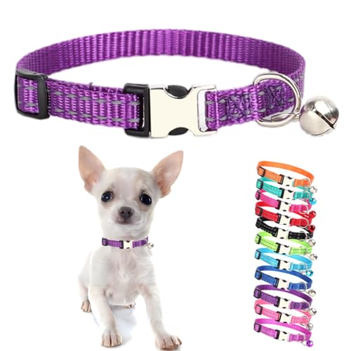 Purple Puppy Collar with Bell, Reflective Nylon XS Cat Collars Soft Adjustable Buckle for XSmall Small Puppy Female Tiny Pets Dogs Boy Girl Kitten Yorkie Chihuahua X-Small - color: Dark Purple