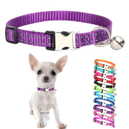 Purple Puppy Collar with Bell, Reflective Nylon XS Cat Collars Soft Adjustable Buckle for XSmall Small Puppy Female Tiny Pets Dogs Boy Girl Kitten Yorkie Chihuahua X-Small - color: Dark Purple