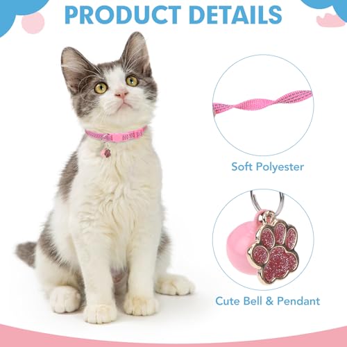 BINGPET Reflective Cat Collar Breakaway with Bells,3 Pack Kitten Collar for Girl Boy Cats with Cute Pendant Glow in The Dark,Adjustable 8''-11.8'',Pink - color: Reflective(Pink)-3pcs