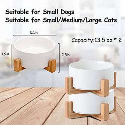 Petygooing White Ceramic Cat Dog Bowl Set with Stand,Small Dog Bowls,Pet Food and Water Dish, Anti Slip Set of 2 Cat Bowls Pet Food Bowl- Pet Dish Small Size Pet (13.5OZ/5.1 in) - color: White, size: Puppy/Small Size Dogs & Cat Bowls 400ML*2