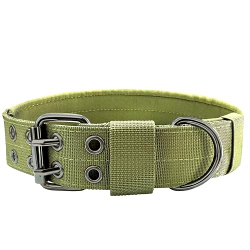 Heavy Duty Dog Collar for Large Dogs, Tactical Dog Collars with Metal Buckle & D Ring, 1.5" Width Thick Adjustable Nylon Collar for Medium Dogs, Army Green/L - color: Green, size: Large