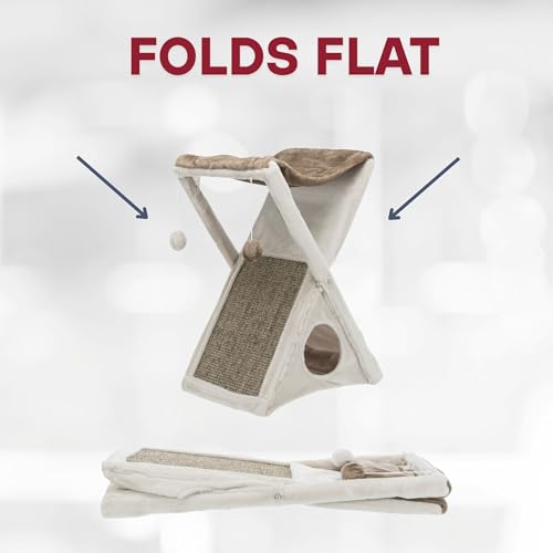 TRIXIE Miguel Fold and Store Cat Hammock, Indoor Cat Furniture with Dangling Toys, Scratching Pad, and Cave, Taupe/Light Gray - color: Greige