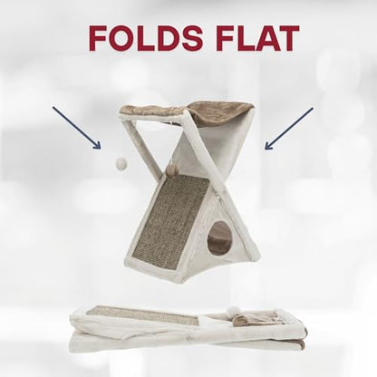 TRIXIE Miguel Fold and Store Cat Hammock, Indoor Cat Furniture with Dangling Toys, Scratching Pad, and Cave, Taupe/Light Gray - color: Greige