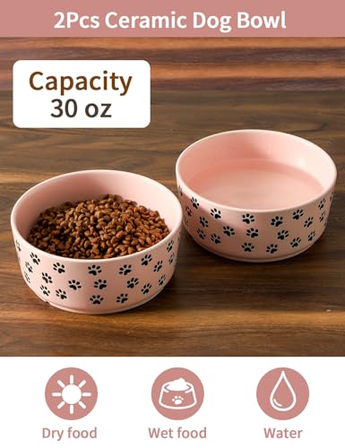 UBEE 6.5 inch Dog Bowls Set of 2, Ceramic Dog Food Water Bowl Dishes with Paw Pattern, Pet Food Water Dish Feeding for Small and Meidum Dogs and Large Cat, Pink - color: Pink-paw, size: 6.5 inch x 2