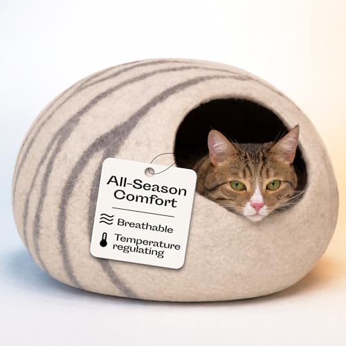 MEOWFIA Cat Cave – Premium Felt Cat Bed for Indoor Cats, Handmade Merino Wool (Light Grey, Medium) - color: Light Grey, size: Medium
