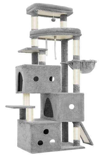 Heybly Cat Tree, 74-Inch Streamlined Cat Tower for Large Cats with 3-Tier Stacked Condos, Cat Furniture with Large Perch, Sturdy Base, Full Sisal Scratching Posts & Ramp, Light Gray HCT061W - color: Light Gray