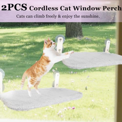 2 PCS Window Cat Bed (Medium 20.4''×11.8'') - Machine Washable Cover, 4 Large Suction Cups, Solid Metal Frame - Cordless Foldable Cat Window Hammock for Indoor Cats (2×Grey)